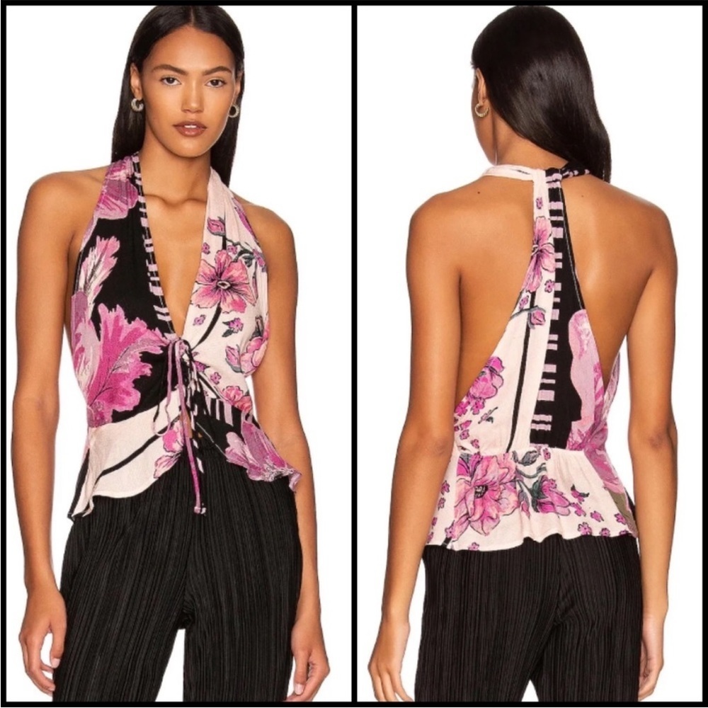NWT Free People Hot Tropics Halter Top Small Pink Black Floral